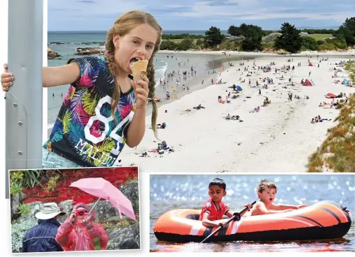  ?? PHOTOS: CHRISTINE O’CONNOR ?? Weekend of two halves . . . Enjoying the scorching weather on Saturday are (clockwise from top left) Alaia Mattingly (8) with an ice cream at the St Clair Esplanade; swimmers at Brighton Beach; Hakshaya Kumaar (6), of Dunedin, taking Rawiri Clifton (4), of Mosgiel, for a spin in his inflatable boat at Outram Glen, while yesterday, Raidiance of theSea cruise ship passengers Michael and Joyce Steele, of Canada, are unfazed by the rain as they visit the Dunedin Botanic Garden.