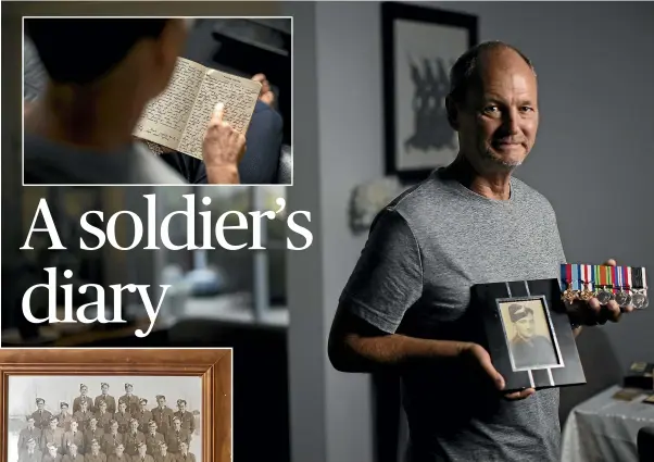  ?? CHRIS MCKEEN/ STUFF ?? Dave Yaxley was going to donate Jack’s diary to a museum but staff said it may not be displayed, so he decided to keep it. At left, Jack Crawford stands fourth from the left in the third row of this wartime image.