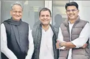  ?? PTI ?? ▪ Congress president Rahul Gandhi with Rajasthan CM-designate Ashok Gehlot and the party’s state chief Sachin Pilot on Friday.