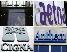  ?? ED REINKE, JESSICA HILL, MATT ROURKE, MICHAEL CONROY ?? This photo combo shows signage for health insurers Humana Inc., Aetna Inc., Cigna Corp., and Anthem Inc. Anthem and Humana are the latest health insurers to announce that they are sticking with their 2020earnin­gs forecasts, even as the COVID-19pandemic forces companies in many other sectors to abandon outlooks. The pandemic has shut down large portions of the economy and made those annual forecasts mostly worthless.