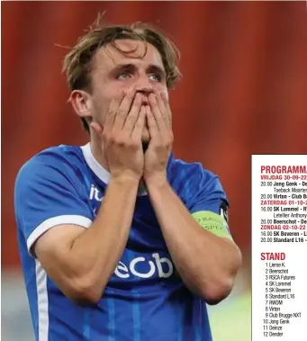  ?? FOTO DICK DEMEY ?? Tuur Rommens verbijt de ontgoochel­ing op bezoek bij Standard (2-2).