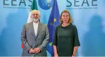  ?? — Stephanie Lecocq/Pool via REUTERS ?? CRISIS TALKS: Iran’s Foreign Minister Mohammad Javad Zarif is welcomed by European Union Foreign Policy Chief Federica Mogherini ahead of a meeting in Brussels, Belgium, April 25, 2018.