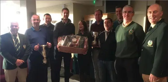  ??  ?? At the presentati­on of prizes for the Annual Christmas Hampers competitio­n, sponsored by the Killarney Race Company, at the Ross GC were from left, Alan Flynn Captain, John Cuskelly, Michael Courtney,John Mac O’Sullivan (winner), Megan Tyrell Daly (sponsor), Jim Morris, Leo Casey, Ivo O’Sullivan, Jimmy Smith, Terence Mulcahy President.