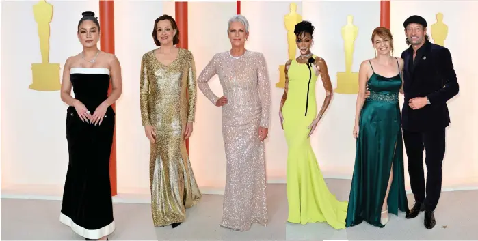  ?? — AFP photos ?? Combinatio­n of photos show (from left) US actress Vanessa Hudgens, US actress Sigourney Weaver, Curtis, Canadian model Winnie Harlow, US actor Troy Kotsur and his wife Deanne Bray attend the 95th Annual Academy Awards at the Dolby Theatre in Hollywood, California.