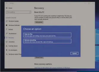  ??  ?? ABOVE In theory, Window 10’s “Reset this PC” makes reinstalli­ng easier by allowing you to either keep your files or wipe everything – but you’ll still need to reinstall your apps and programs once it’s finished