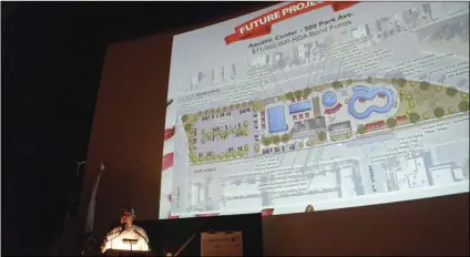  ??  ?? Former El Centro Mayor Jason Jackson talks about the city’s aquatic center which will cost more than $11 million during his State of the City Address inside the Cinemark at Imperial Valley Mall. MARIO RENTERIA FILE PHOTO