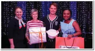  ??  ?? From left: Elzanne Botha (Le Creuset store manager), Marieka Cronjé (winner), Bobby van Jaarsveld and Tumi Masango (GRM marketing manager).