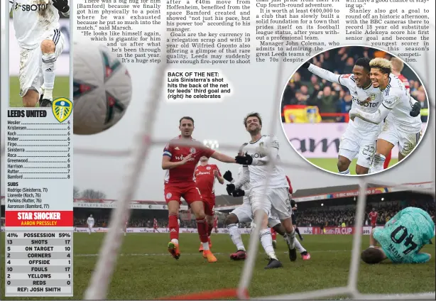  ?? ?? BACK OF THE NET:
Luis Sinisterra’s shot hits the back of the net for leeds’ third goal and
he celebrates