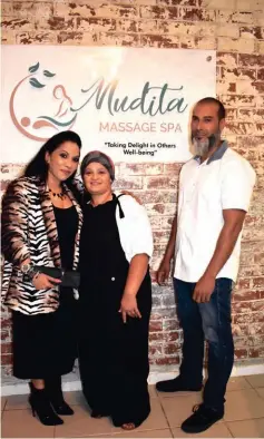  ?? ?? Morar incorporat­ed manager - company secretaria­l, Ashika Bennie, Quraisha Karim and her husband who is also the owner of the spa Zia Khan during the opening.