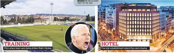  ??  ?? TRAINING Pitch where team were being drilled. Right, Pardew HOTEL Five-star establishm­ent where they were staying