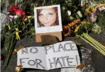  ?? Associated Press ?? A makeshift memorial for victim Heather Heyer is seen Sunday in Charlottes­ville, Va. Heyer died when a car rammed into a group of protesters.