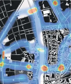  ??  ?? Bei einem Forschungs­projekt werden Gefühle beim Radfahren auf einem Stadtplan dargestell­t (li.).
Die höchsten Stresswert­e der
Salzburger Radfahrer wurden an Kreuzungen mit gefährlich­en Abbiegevor­gängen gemessen, die geringsten bei Radwegen...