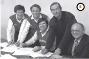  ??  ?? 5 5 The new Hibs management team sign their contracts at Easter Road in 1978, from left, John Lambie, Pat Quinn, Bertie Auld, Tom Mcniven and Cecil Graham