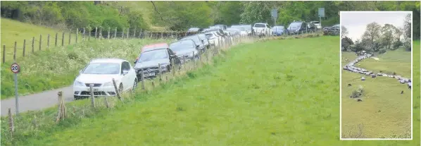  ??  ?? Traffic in the Manifold Valley near Thor’s Cave and, inset, on the road leading from Thorpe to Ilam village and Dovedale. Below, rubbish collected and a barbecue.