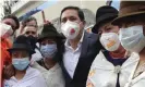  ??  ?? Andrés Arauz poses with evangelica­l indigenous leaders during a campaign stop in Quito on 5 April. Photograph: Dolores Ochoa/AP