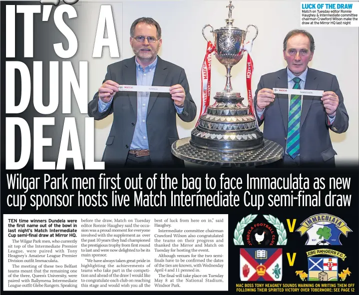  ??  ?? LUCK OF THE DRAW Match on Tuesday editor Ronnie Haughey & Intermedia­te committee chairman Crawford Wilson make the draw at the Mirror HQ last night