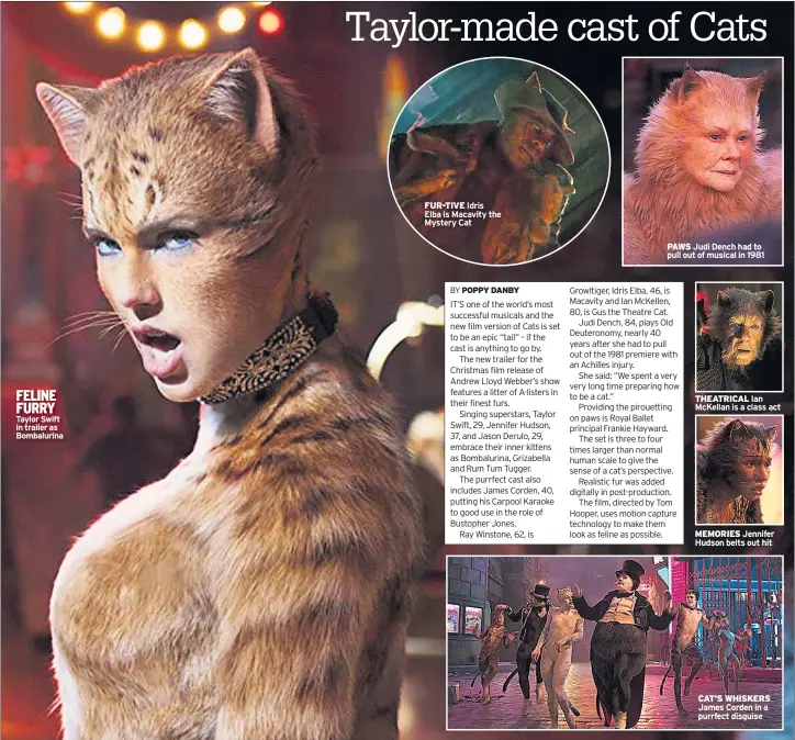  ??  ?? FELINE FURRY Taylor Swift in trailer as Bombalurin­a
FUR-TIVE Idris Elba is Macavity the Mystery Cat PAWS Judi Dench had to pull out of musical in 1981 THEATRICAL Ian McKellan is a class act MEMORIES Jennifer Hudson belts out hit CAT’S WHISKERS James Corden in a purrfect disguise