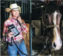  ?? LEAH HENNEL ?? Dr. Erin Thompson-Shields checks the health of chuckwagon driver Jordie Fike’s horse to ensure it’s in peak condition to compete.