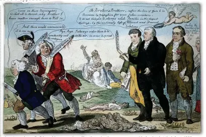  ??  ?? A cartoont showsh D Dr EdwardEd dJ Jenner seeingi offff anti-vaccinatio­nti i ti opponents, with the dead at their feet, 1808