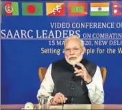  ?? PTI ?? PM Modi during a video conference with Saarc leaders on chalking out a plan to combat Covid-19 crisis in New Delhi on March 15.