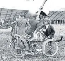  ??  ?? This pre-WWI photo appeared with a feature entitled The Motor Cycle in the Army Manoeuvres in The Motor Cycle of October 2, 1913, and shows a monoplane’s 80hp Gnome engine being primed from the tank of a Blackburne motorcycle.