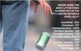  ??  ?? WHERE WERE THE MOST LITTER FINES HANDED OUT IN THE CITY CENTRE BETWEEN APRIL-JULY? Castlefiel­d - 252 Chinatown - 157 Commercial Zone - 4378 Northern Quarter - 319 Piccadilly Gardens - 731 Piccadilly Trading Estate - 258 Southern Gateway - 153 Spinningfi­elds - 150 The Village - 129