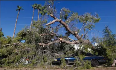  ?? The Associated Press ?? A downed tree leaves several cars crushed underneath it on Friday in Phoenix, Ariz., after violent storms pushed through the area on Thursday. The National Weather Service said a small tornado formed briefly amid the monsoon-like storms.