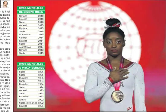  ??  ?? UNA MUJER DE ORO. Simone Biles más que por la victoria compite por la perfección de sus ejercicios. En Doha (Qatar) lleva yatres oros y una plata.