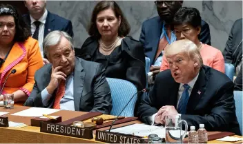  ??  ?? President Donald Trump addresses the United Nations Security Council during the 73rd session of the United Nations General Assembly, at U.N. headquarte­rs, on Wednesday. Left is United Nations Secretary-General Antonio Guterres.AP PhoTo/CrAIg ruTTle