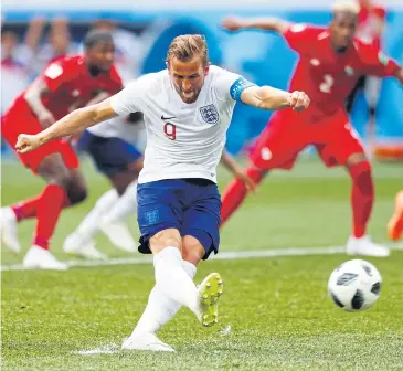  ?? AP ?? England captain Harry Kane kicks a penalty to score his team’s second goal against Panama at the Nizhny Novgorod Stadium.