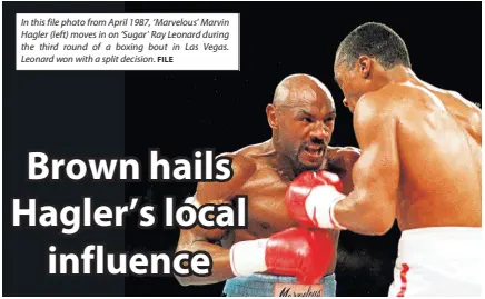  ?? FILE ?? In this file photo from April 1987, ‘Marvelous’ Marvin Hagler (left) moves in on ‘Sugar’ Ray Leonard during the third round of a boxing bout in Las Vegas. Leonard won with a split decision.