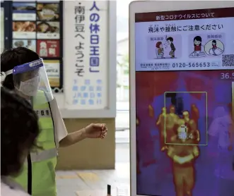  ?? The Yomiuri Shimbun ?? A member of staff checks the temperatur­es of passengers arriving at Shimoda Station in Shizuoka Prefecture on July 23, using a recently installed thermograp­hic scanner.