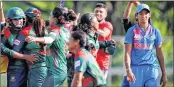  ??  ?? Bangladesh players celebrate their win over India in Women’s Asia Cup final in Kuala Lumpur while India skipper Kaur (R) walks out.
