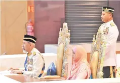  ??  ?? Tun Juhar Mahiruddin (seated, left) during opening speech of the 15th State Legislativ­e Assembly yesterday. - Bernama photo