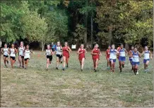 ?? TIM GODBEE / For the Calhoun Times ?? Runners from Calhoun, Sonoravill­e and Gordon Central battle for position at the start of the girls race on Tuesday.