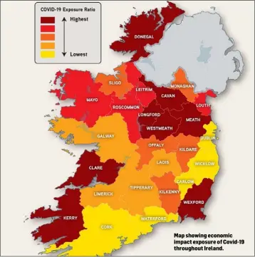  ??  ?? Map showing economic impact exposure of Covid-19 throughout Ireland.