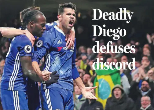  ?? EDDIE KEOGH / REUTERS ?? Diego Costa celebrates scoring Chelsea’s first goal against Hull City in their English Premier League match at Stamford Bridge on Sunday.