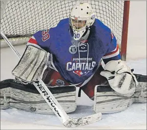  ?? JASON SIMMONDS/TC MEDIA ?? Christofer Langlais in action for the Summerside D. Alex MacDonald Ford Western Capitals during Game 2 of the MHL (Maritime Junior Hockey League) playoff series against the Dieppe Commandos.