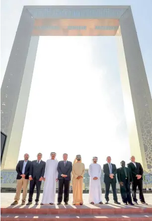  ?? Wam ?? Sheikh Mohammed during his visit to the 150-metre high Dubai Frame, which is expected to draw tourists from across the world. Sheikh Hamdan and Sheikh Maktoum are also seen along with other officials, who accompanie­d Sheikh Mohammed at the cultural landmark, which will open to the public in the new year. —