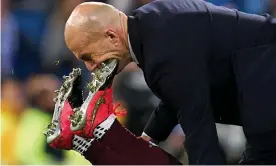  ??  ?? Zinedine Zidane is accidental­ly caught in the face by Joseph Aidoo. Photograph: Quality Sport Images/Getty Images