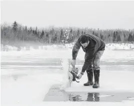  ?? TRISTAN SPINSKI NYT ?? Austin Thorndike begins to cut blocks of ice from a stone quarry pond in Strong, Maine, for transport some 40 miles to Beth Israel Synagogue, on March 3. The ice was destined for the congregati­on’s new mikvah, a traditiona­l Jewish bath used in rites of renewal and purificati­on.