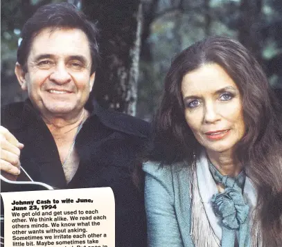  ?? Pictures: GETTY; ALAMY ?? Johnny Cash to wife June, June 23, 1994 We get old and get used to each
each other. We think alike. We read others minds. We know what the other wants without asking.
a Sometimes we irritate each other little bit. Maybe sometimes take
in each other...