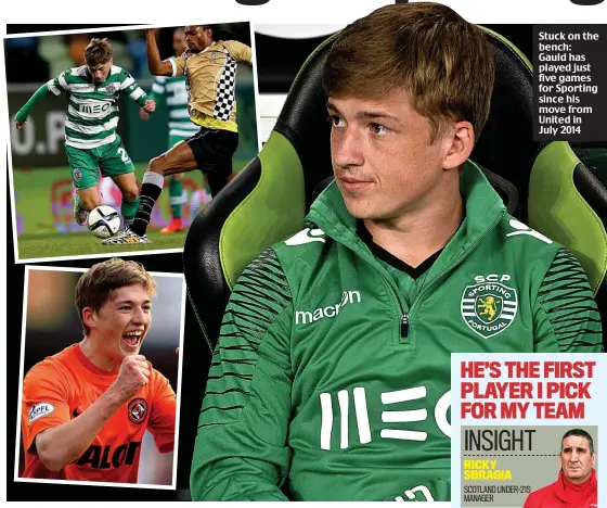  ??  ?? Stuck on the bench: Gauld has played just five games for Sporting since his move from United in July 2014