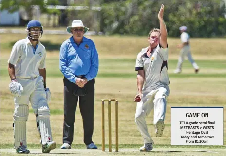  ?? Photo: Nev Madsen ?? LETTING RIP: Paceman Matt Elford bowls for Mets in their January 20 match against Wests as batsman Brian May looks on.