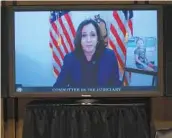  ?? GETTY IMAGES ?? Sen. Kamala Harris, D-Calif., speaking via video conference, voiced concerns over the possible stripping away of the Affordable Care Act.