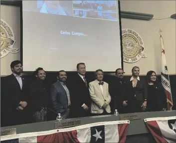  ?? ELIZABETH MAYORAL CORPUS PHOTO ?? The Calexico City Council, Consulate of Mexico in Calexico, and City of Ensenada authoritie­s join together to celebrate the Sisterhood Agreement signing between both cities during a special meeting city council meeting on Tuesday, February 28, in Calexico.