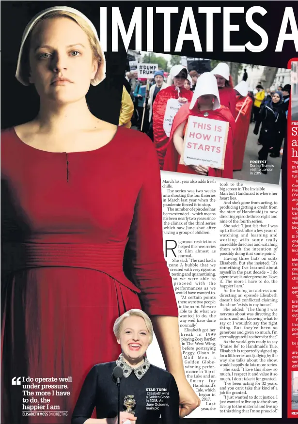  ??  ?? STAR TURN Elisabeth wins a Golden Globe in 2018. As June Osborne, main pic
PROTEST During Trump’s visit to London in 2019