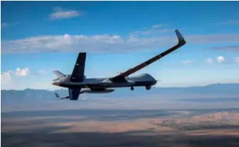  ??  ?? Le Predator B ER, dernière version en date du MQ-9 Reaper.Le retard de l’europe en matière de drones MALE est d’autant plus problémati­que que les États-unis ont préempté le marché européen. (© General Atomics)