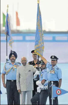  ?? GURMINDER SINGH/HT ?? President Ram Nath Kovind presented the President’s Standard to IAF’S 51 Squadron and Colours to 230 Signal Unit at Halwara air force station on Thursday.