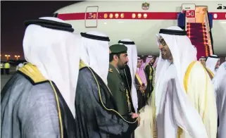  ?? Bandar Al Jaloud / Saudi Royal Palace / AFP ?? Sheikh Mohammed bin Zayed, Crown Prince of Abu Dhabi and Deputy Supreme Commander of the Armed Forces, is greeted at King Salman Air Base in Riyadh.